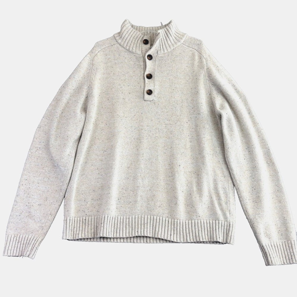Goodfellow & Co Mens L Beige Speckled Sweater Mock Neck Button Pullover Academia
